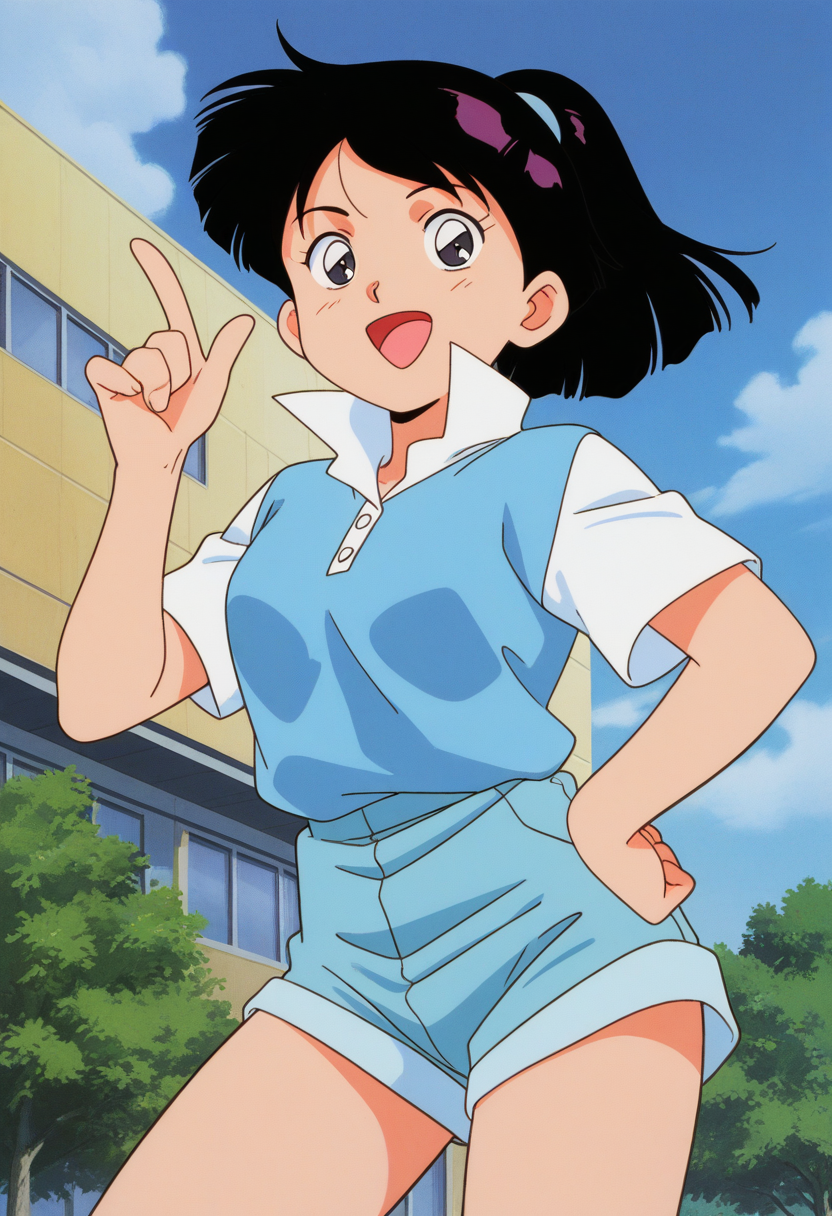 masterpiece, best quality, source_anime,official art,perfect_anatomy,1990s_\(style\),retro_artstyle,1girl,Maria Shiratori,black_eyes,black_hair,ponytail,collared_shirt,shorts,looking_at_viewer,smile,open mouth,thighs,cowboy shot,hand on hip,day,blue_sky,cloud