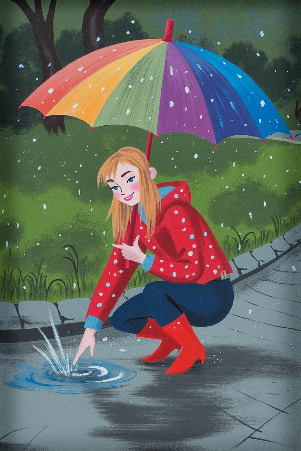 maryblair1 illustration.
A young woman, angled from slightly above and to the right, crouching low to the ground in a puddle. The young woman is wearing bright red rubber boots and a red jacket with white polka dots. The jacket sleeves are pushed up to reveal blue cuffs. The young woman also wears dark blue jeans and has a smile on her face as she extends her right index finger to touch the water in the puddle. Above the young woman is a large, open umbrella with rainbow-colored panels and a red handle. The ground is wet and paved with grey stones, reflecting the sky and umbrella. The background is slightly blurred, showing hints of green grass and trees. The lighting is overcast and diffused, typical of a rainy day. <lora:maryblair2_cap_d8a4:1.0><lora:846206388360302079:0>