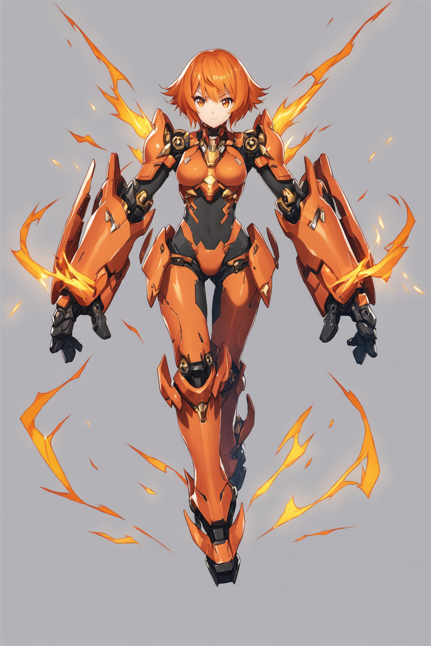 1girl,solo,electricity,white background,orange hair,simple background,short hair,looking at viewer,full body,armor,mecha musume,orange eyes,score_9,score_8_up,<lora:saitom_XL_PONY:0.8>,