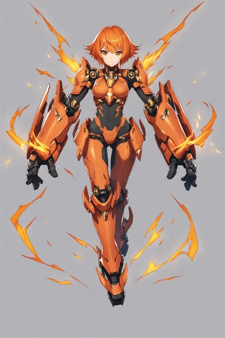 1girl,solo,electricity,white background,orange hair,simple background,short hair,looking at viewer,full body,armor,mecha musume,orange eyes,score_9,score_8_up,<lora:saitom_XL_PONY:0.8>,