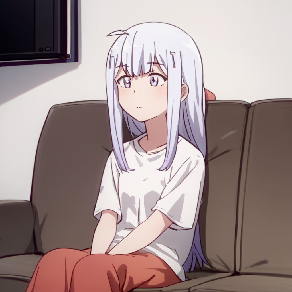 score_9, score_8_up, score_7_up, score_6_up, score_5_up, score_4_up, source_anime,  Raphiel_DO, sitting, couch, long shirt, white shirt, watching tv,