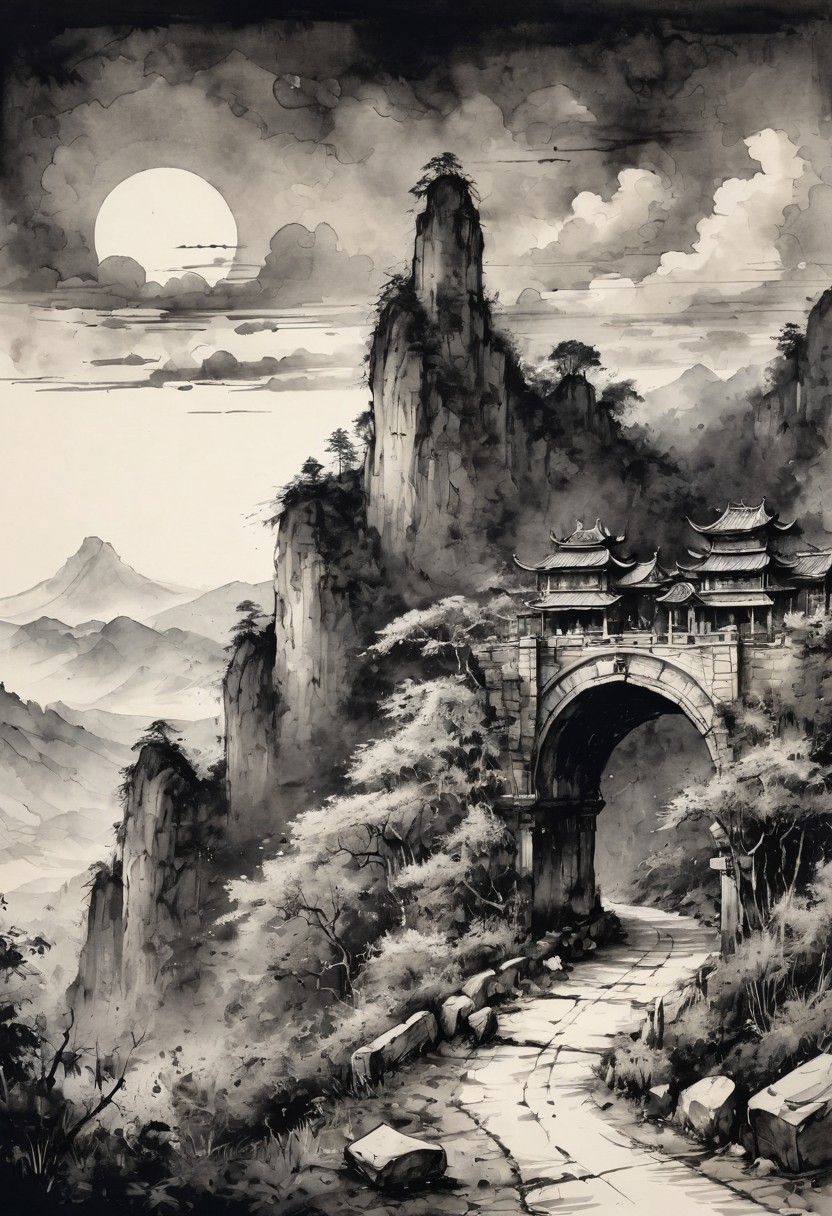 (Ink illustration on parchment). a caravan of travelers proceeds along a stone road set with a series of ancient stone archways leading upward from a forested glade into the foothills of a mountainous realm of jagged peaks and stony pillars, small stone shrines line the road between archways, clear skies with dark clouds on the distant horizon, very detailed: 1.5 eroticism. ink splashes, rough ink sketch, moody, gloomy, dark picture, high contrast, stylized.