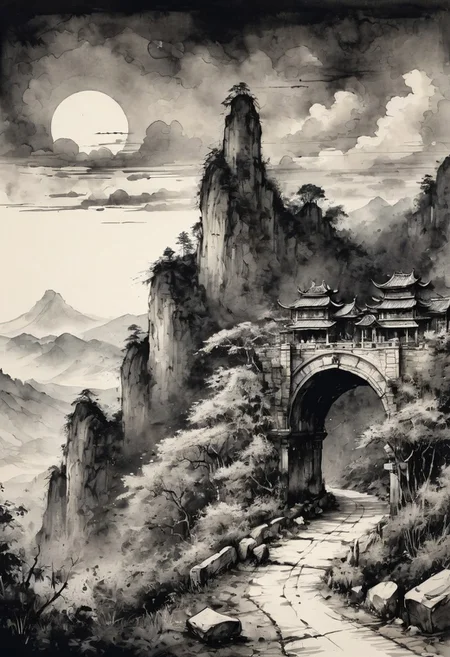 (Ink illustration on parchment). a caravan of travelers proceeds along a stone road set with a series of ancient stone archways leading upward from a forested glade into the foothills of a mountainous realm of jagged peaks and stony pillars, small stone shrines line the road between archways, clear skies with dark clouds on the distant horizon, very detailed: 1.5 eroticism. ink splashes, rough ink sketch, moody, gloomy, dark picture, high contrast, stylized.