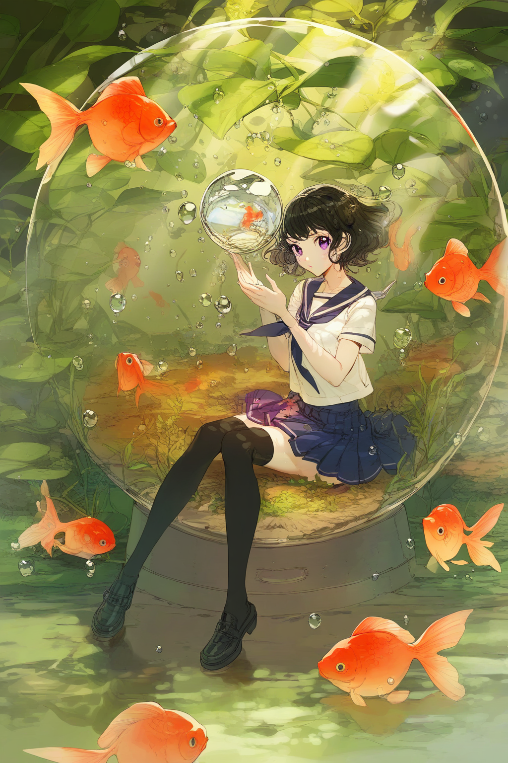 Crystal ball,ZX light,Simple Flat Coloring,1girl,solo,shiny skin,ciloranko,rhasta,very aesthetic,high definition,masterpiece,illustratio,best qualityn,artist:hxxg,{pigeon666},[ciloranko,wlop][artist:ask_(askzy)],{artist:redi_(rasec_asdjh)},artist:wanke,<lora:Crystal ball:0.7>, -1girl, solo, thighhighs, school uniform, fish, skirt, book, serafuku, bubble, instrument, sitting, black thighhighs, black hair, air bubble, short hair, shoes, goldfish, underwater, submerged, purple eyes, looking at viewer, pleated skirt