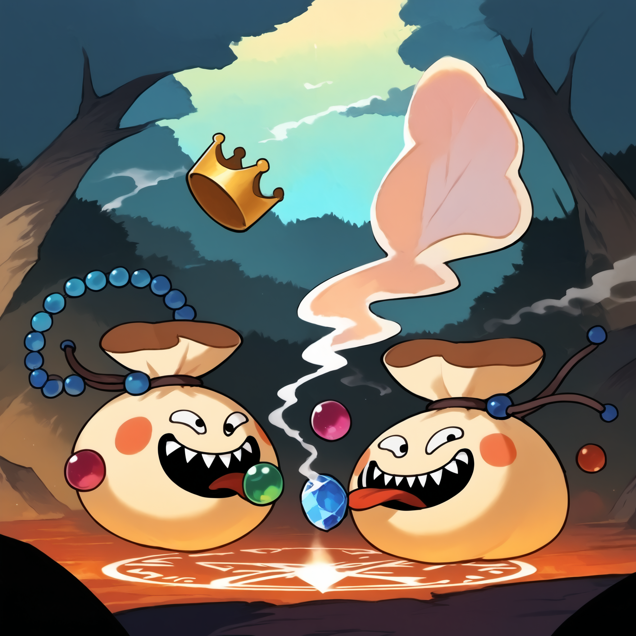 score_9,score_8_up,score_7_up,super detailed,extreme detailed,full_body,zPDXL,source anime,forest BREAK no humans,no_legs,multiple_monsters,
<lora:Pony_DetailV2.0:1> BREAK goodybag_(dq),crown,gem,necklace,teeth,tongue,tongue out,<lora:goodybag_(dq):1>,evil smile,(smoke:1.2),magic circle,magic,