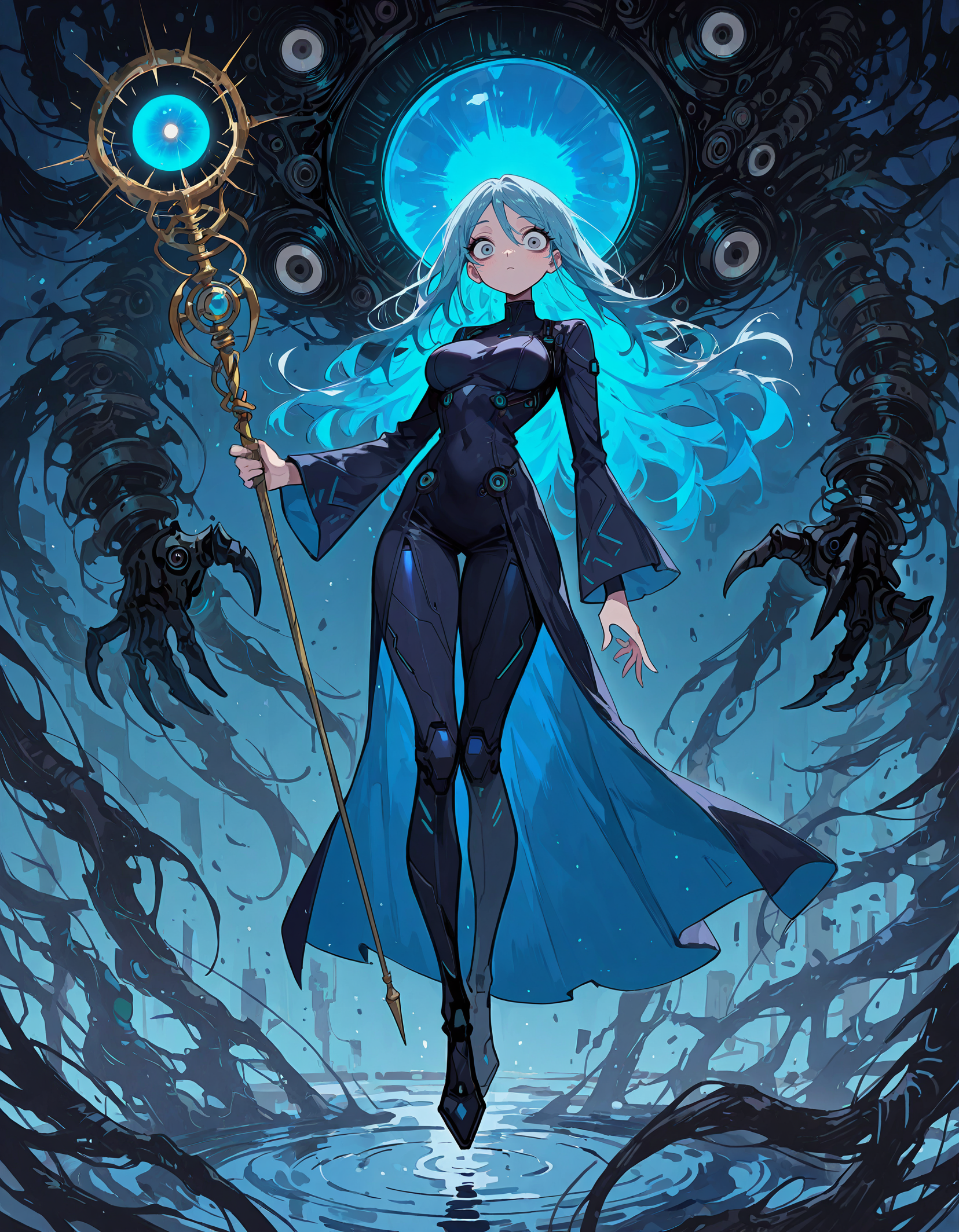 masterpiece, newest, incredibly absurdres, highres,  <lora:3Y3S_style:1>,3Y3S_illu,toon \(style\), 1girl, solo, blue hair, long hair, looking at viewer, breasts, floating, holding, staff, full body, science fiction, grey eyes, blue eyes,eyes