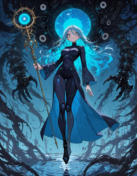 masterpiece, newest, incredibly absurdres, highres, <lora:3Y3S_style:1>,3Y3S_illu,toon \(style\), 1girl, solo, blue hair, long hair, looking at viewer, breasts, floating, holding, staff, full body, science fiction, grey eyes, blue eyes,eyes