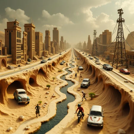microworldlora.
Image of a miniature post-apocalyptic diorama of a once-thriving metropolis now swallowed by an endless desert. Massive dunes creep over the shattered glass buildings, which reflect the blinding sunlight in fragmented shards. The remains of highways stretch like dead serpents through the sand, with abandoned, rusted-out cars dotting the landscape. In the center of the scene, an old radio tower leans precariously, tangled with wires that trail into the sand. Tiny figures, some in makeshift armor, roam the barren land on foot or on scavenged motorcycles, their faces hidden behind masks. A dry, cracked riverbed winds its way through the scene, its banks lined with the skeletal remains of long-dead trees. Above, the sky is a dull, oppressive gray, filled with swirling clouds of dust that choke the horizon, as the distant roar of an incoming sandstorm hints at even more destruction to come.