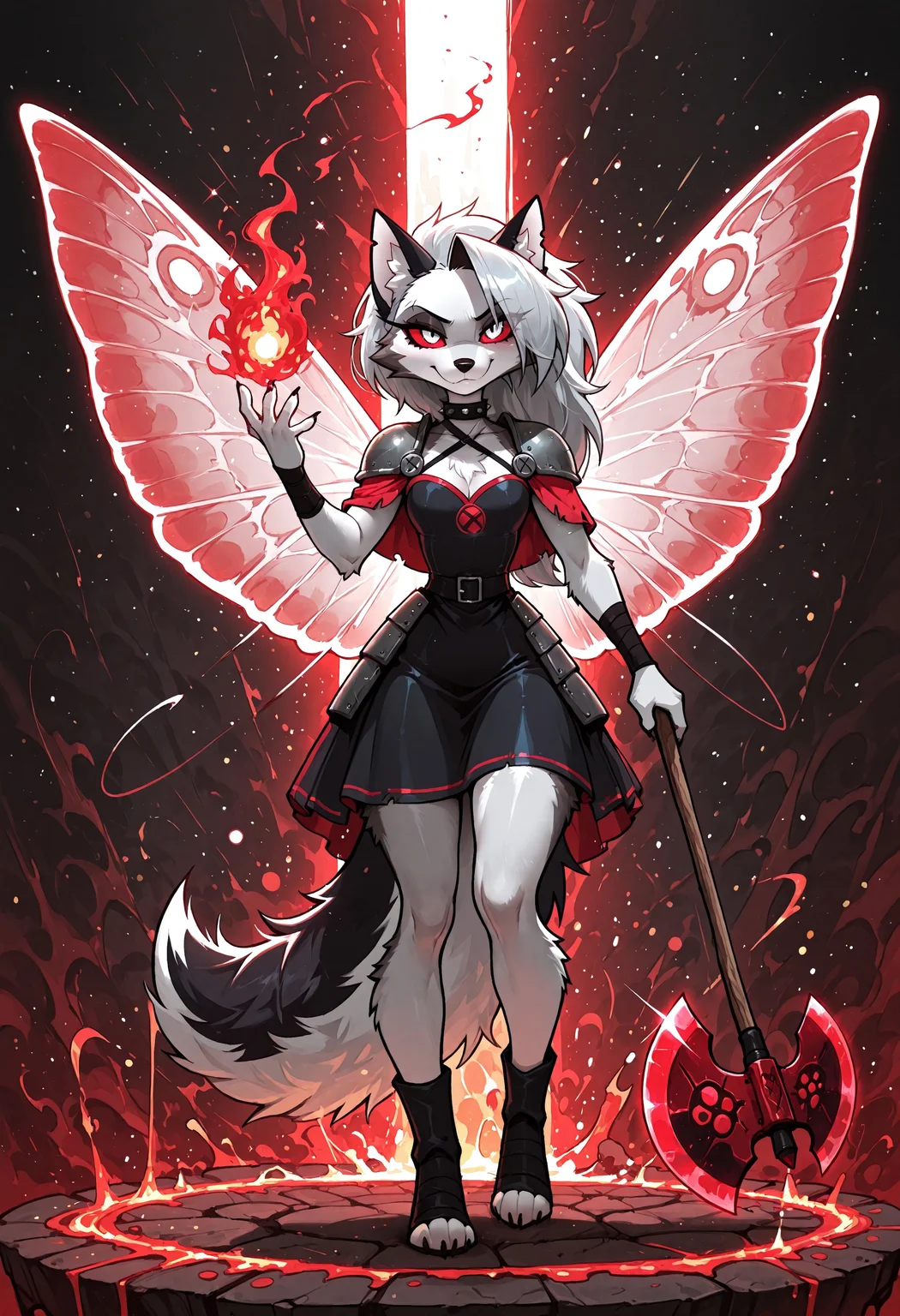 masterpiece, (best quality:1.1), ultra-detailed, high resolution, highly detailed macro illustration, solo BREAK 1girl, Loona, anthro, wolf ears, wolf tail, furry female, wolf gir, red sclera, white eyes, (beautiful eyes:1.3), long eyelashes, black animal nose, (sly expression, cute face:1.3), smirk, frown, look at viewer, fluffy tuft, arthropod, antennae BREAK (armor mage dress:1.3), (red magic insect wings:1.3), (Holding magic axe:1.4), full body, fire energy, (fire magic effects), (heroic dynamic pose:1.2), magic particles, glowing particles BREAK detailed background, hell in the background, stone, lava, light from above BREAK sharp focus, perfect lighting, extremely detailed, high detail, cinematic softness, OverallDetail, zPDXL3