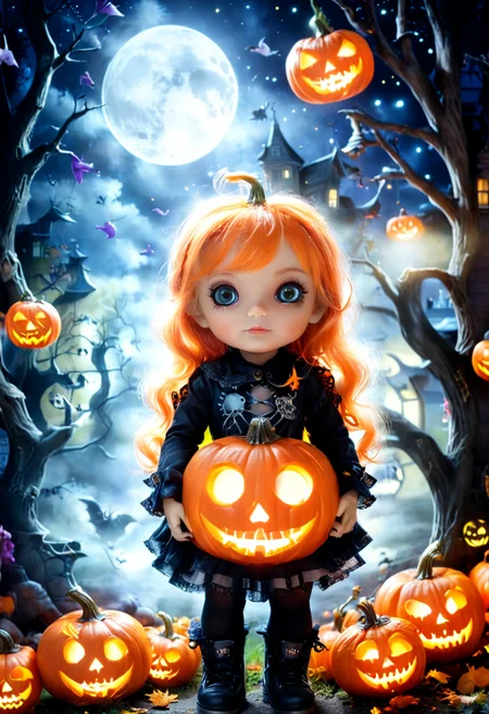 Halloween, moonlit night, supernatural, jack-o'-lanterns, trick-or-treating, eerie ambiance, playful mischief, mysterious shadows, delightful spookiness.,cute helloween doll ,haunted graveyard in the background, with its windows glowing with an unnatural, ghostly radiance. It beckons the curious and the brave to explore its mysteries.cute helloween doll, Halloween Night,street art, vibrant, urban, detailed, tag, mural in Technical mastery, mathematical proportion, virtuosic engraving, Northern Renaissance realism . graffiti style ,