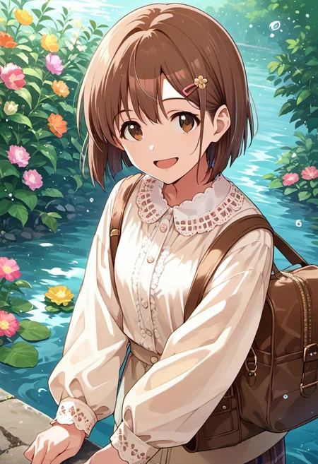 score_9, score_8_up, score_7_up, source_anime, hagiwara yukiho, brown hair, short hair, brown eyes, 1girl, solo, flower, hair ornament, bag, smile, looking at viewer, hairclip, water, open mouth, shirt, long sleeves