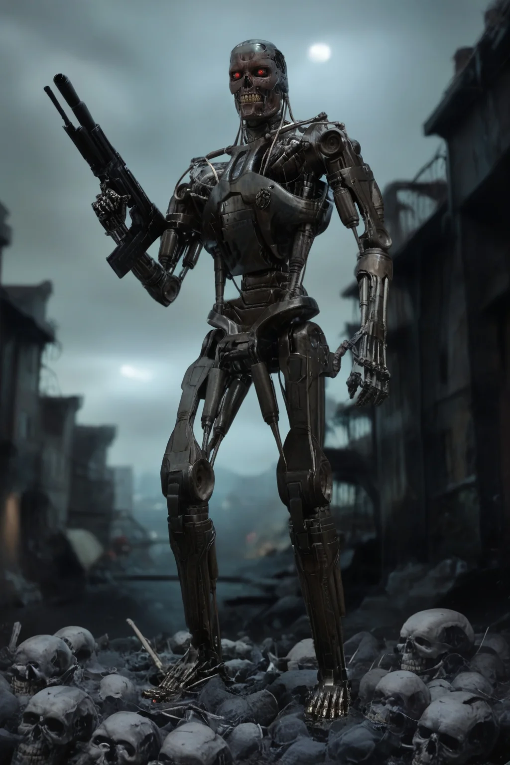 T800_Endo, Terminator robot, score_9, score_8_up, score_7_up, (source_IRL, source_movie), cinematic, realistic, masterpiece, high quality, highres RAW photo, ((full body shot))
a T800_Endo Terminator Robot with red eyes, he is made of metal, <lora:T800_Endo_Terminator_Pony_v1:1>
(standing, holding a futuristic gun)
in a destroyed apocalyptic city, with skulls covering the ground, dark cloudy skies, Apocalyptic Landscape, destroyed city
dynamic lighting, highly detailed, intricate details, shadows, sunbeams, light rays