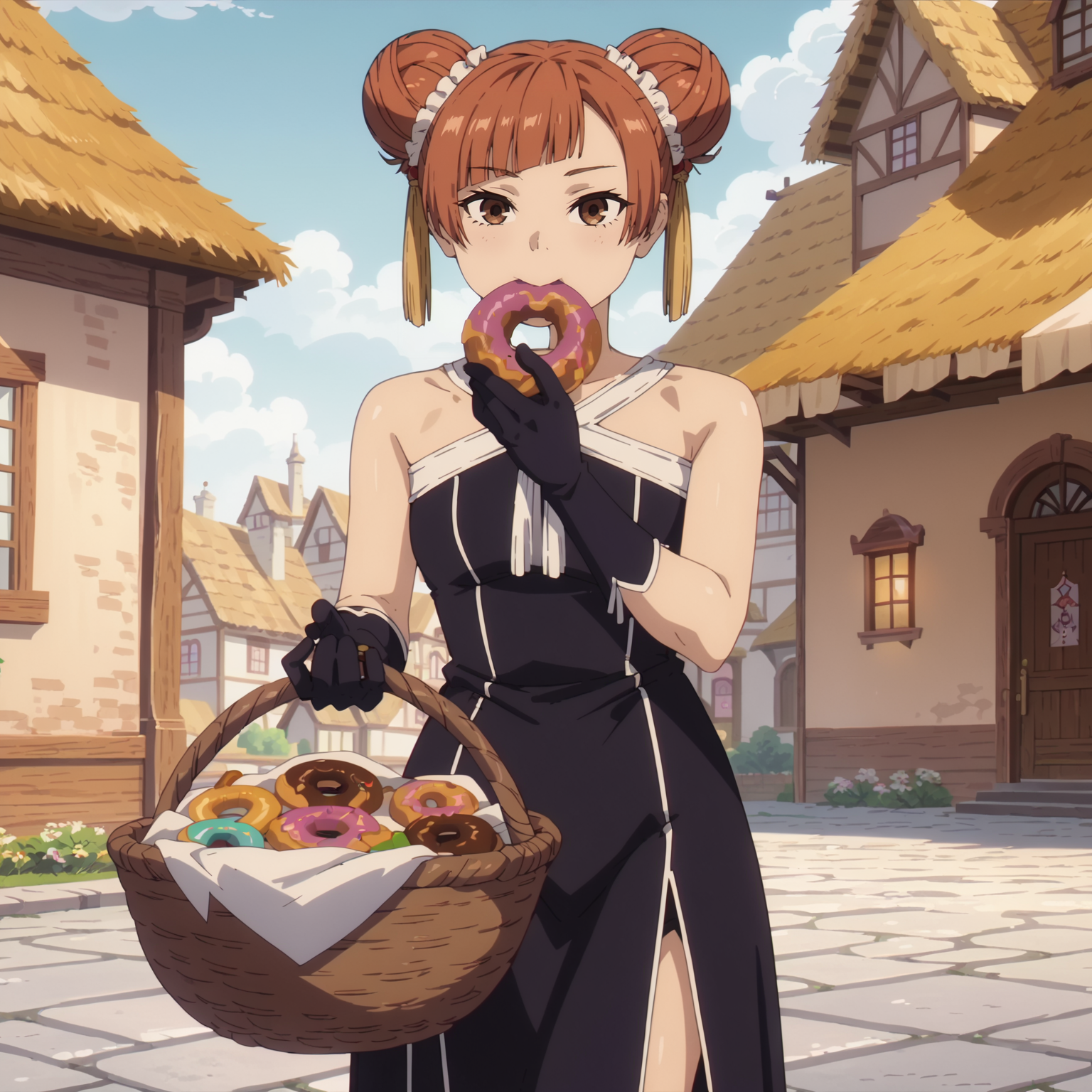 <lora:LaufenXL004>,<lora:DetailedEyes_V3:1.6>,looking at viewer,
solo,
anime screencap,
score_9,score_8_up,
Laufen,1girl,brown hair,short hair,double bun,brown eyes,yellow hairornament,
black dress,bare shoulders,
gloves,
pelvic curtain,
medieval town,doughnut,eating,outdoors,building,basket,a basket with donut,