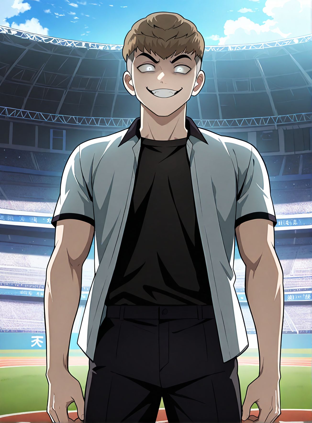 masterpiece,best quality,anime coloring,anime screenshot,
<lora:add-detail-xl:0.5>
<lora:Plaything:1>PlaythingV1,
male focus,solo,open shirt, 
brown hair,white collared shirt,short hair,,
son_brother,undercut,black pupil,
textured top, dot pupil, black pants,
two-block undercut ,1boy,evil grin,  
outdoors, black t-shirt, stadium,
