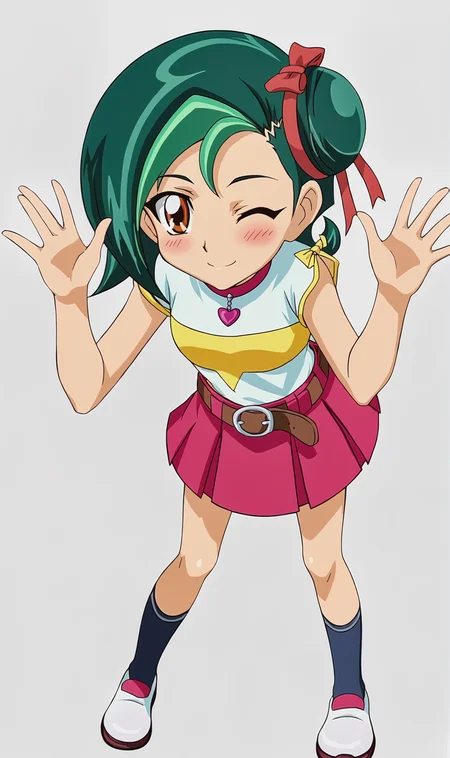 TM, 1girl, solo, green hair, short hair, single hair bun, hair ribbon, brown eyes, sleeveless shirt, pink short skirt, brown belt, pink choker, dark blue socks, white shoes, full body, standing, leaning forward, blush, wink, hands up, looking at viewer, smile, simple background, white background, blank background, victory hand, <lora:Tori Meadows Pony XL:0.9>