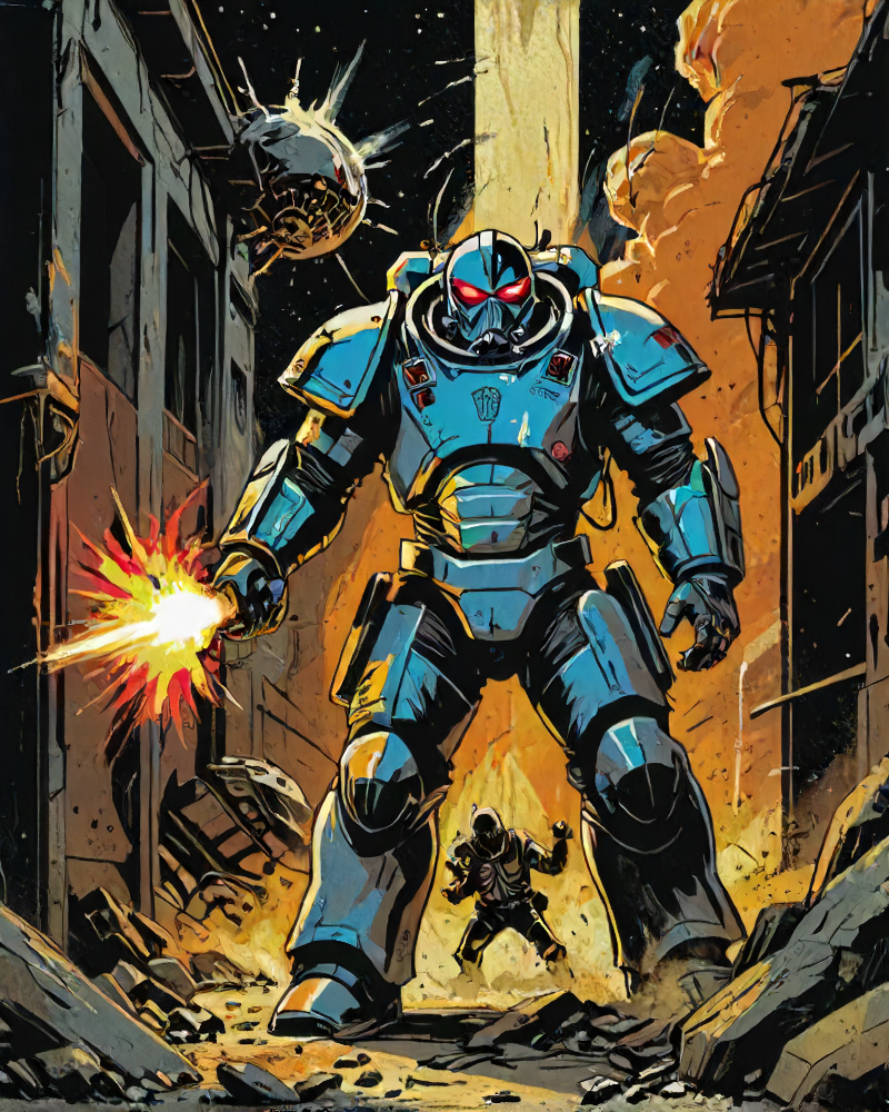 80s action movie set in space, action shot of soldier in power armor fighting off the alien scourge, dust and debris in the foreground, foreshortening,  <lora:The_Pulp_Session:0.7> pulp art style