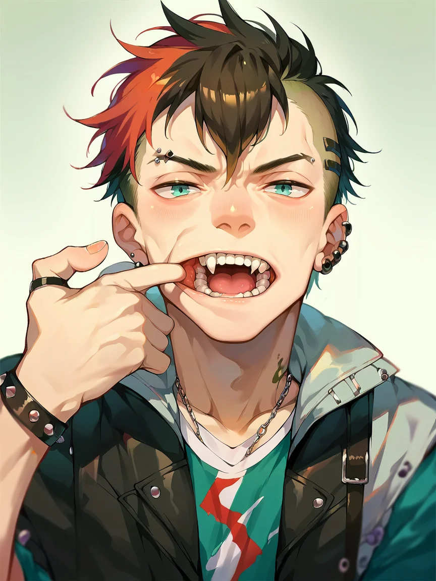 score_9, score_8_up, score_7_up, score_6_up, score_5_up, <lora:mouthpullXLP:1> mouth pull, finger in own mouth, 1boy, punk
