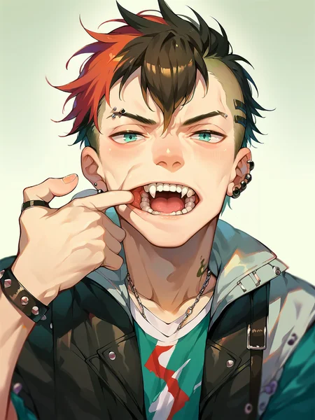 score_9, score_8_up, score_7_up, score_6_up, score_5_up, <lora:mouthpullXLP:1> mouth pull, finger in own mouth, 1boy, punk