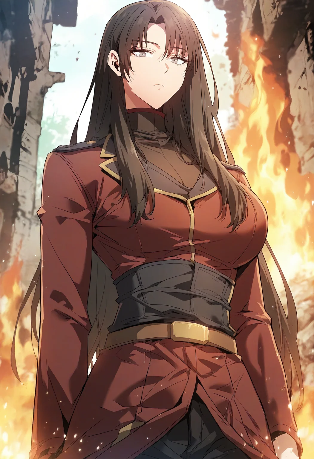 score_9, score_8_up, score_7_up, score_6_up, source_anime, rating_explicit, 1girl, (solo:1.1), huge breasts,<lora:Adeshan Akalusia prefectPonyxl:0.9> long hair, black hair, brown hair, brown eyes, parted bangs, grey eyes, sidelocks, military uniform, red jacket, black shirt, turtleneck, long sleeves, black corset, brown belt, black pants, expressionless, ruins, fire, outdoors, looking at viewer, standing, close-up