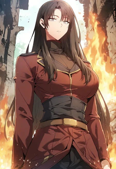 score_9, score_8_up, score_7_up, score_6_up, source_anime, rating_explicit, 1girl, (solo:1.1), huge breasts,<lora:Adeshan Akalusia prefectPonyxl:0.9> long hair, black hair, brown hair, brown eyes, parted bangs, grey eyes, sidelocks, military uniform, red jacket, black shirt, turtleneck, long sleeves, black corset, brown belt, black pants, expressionless, ruins, fire, outdoors, looking at viewer, standing, close-up