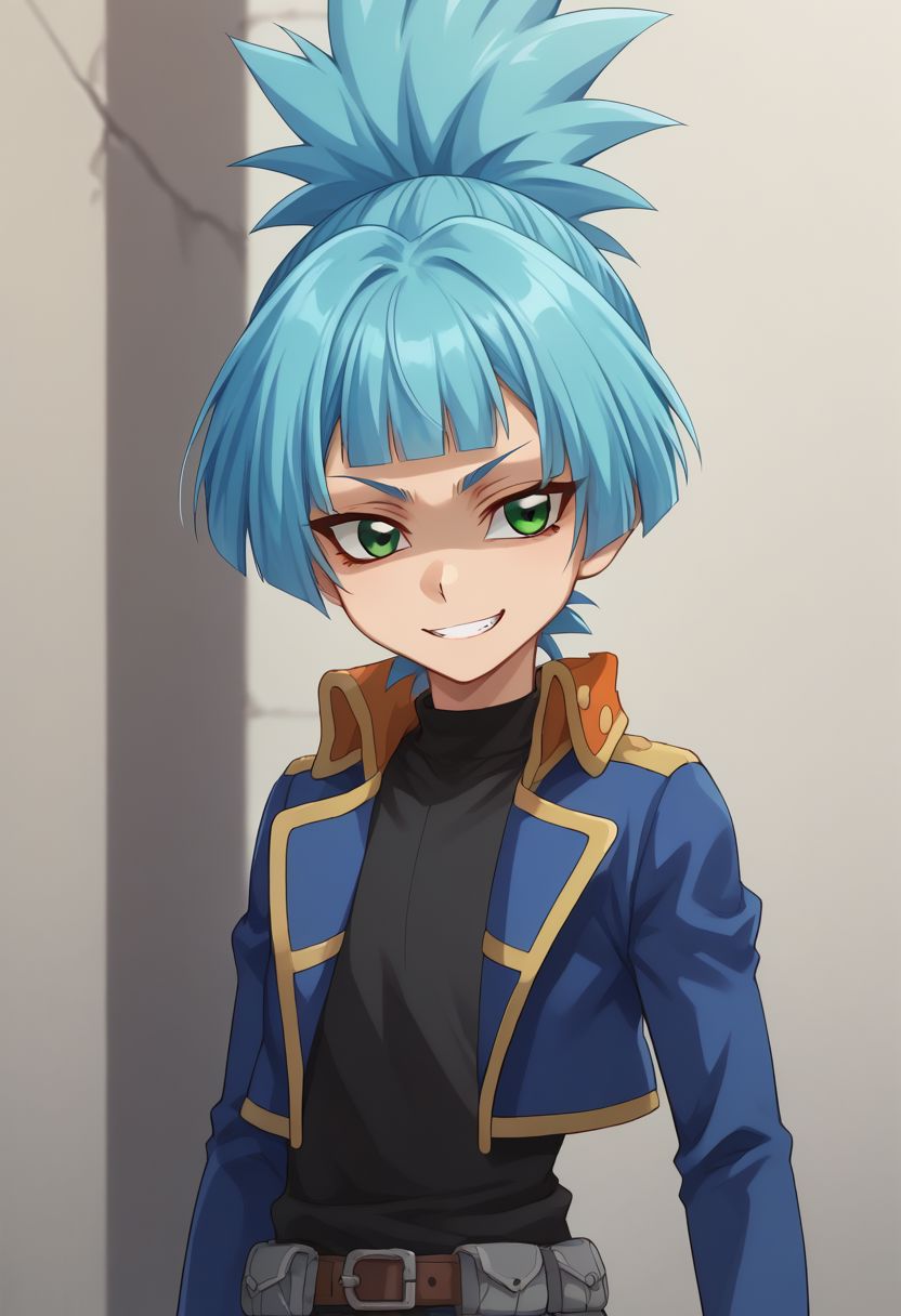 score_9, score_8_up, score_7_up, source_anime, highly detailed, 
sora, solo, 1boy, male focus, green eyes, blue hair, blunt bangs,  jacket, ponytail, belt, spiked hair, shorts, open jacket, blue jacket, shirt, black shirt, long sleeves, upper body, shaded face, evil grin, smirk,
outdoor, sky,