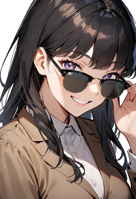 masterpiece, best quality, very aesthetic, absurdres,
1girl, solo, black hair, long hair,
sirmont, sunglasses, grey-tinted eyewear,
collared shirt, happy, smile, looking at viewer, adjusting eyewear, white background, simple background,
<lora:sunglasses_CLUBMASTER_SDXL_V1:1>