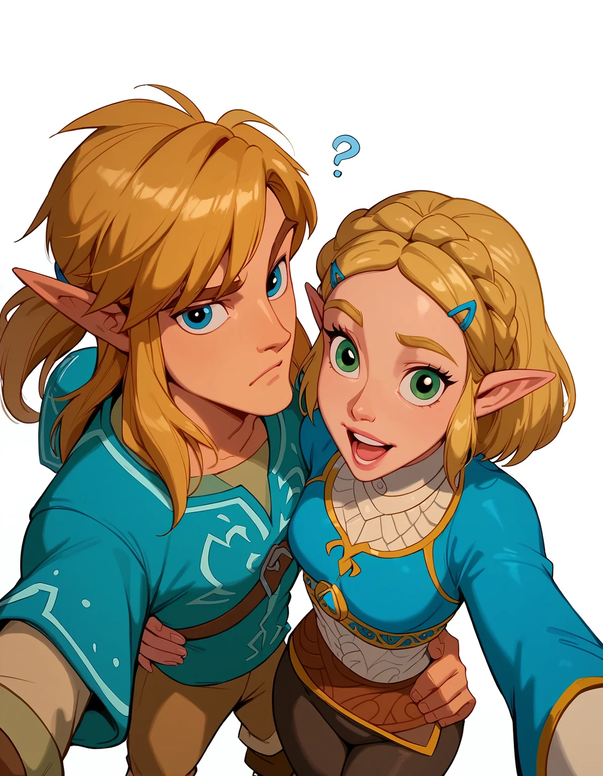 <lora:Disney_Style:.9> <lora:princess_xl_v2:.75> <lora:add-detail-xl:.9> <lora:g0th1cPXL:.3> <lora:Cherry-Gig:.45> <lora:Expressive_H:1> <lora:PLASTT_PonyV6:1> score_9, score_8_up, score_7_up, zPDXL, DisneyRenstyle, score_9,score_8_up,score_7_up,score_6_up, score_9, score_8_up, score_7_up, 1 girl, 1 guy, couple, Princess Zelda, Link, BOTW, Breath of the Wild outfit, elf ears, pointy ears, white background, plain background, ambient lighting, standing, blue tunic, (selfie pose, selfie pov, high angle, 3/4 view),
couple, 1 girl, princess zelda, intricate hair, messy side braid, excited expression, laughing, small breasts, wide eyes, narrow hips, petite, skinny, slender, standing, (breath of the wild outfit, blue tunic, black leggings), wide eyes, (selfie pose, arm outstretched for selfie pose),
couple, 1 guy, Link, elf, pointy ears, (Breath of the Wild outfit, blue tunic, brown trousers), fit, athletic, confused expression, serious expression, question marks, mouth closed, narrow eyes, (one hand on own hip, one hand behind own head),