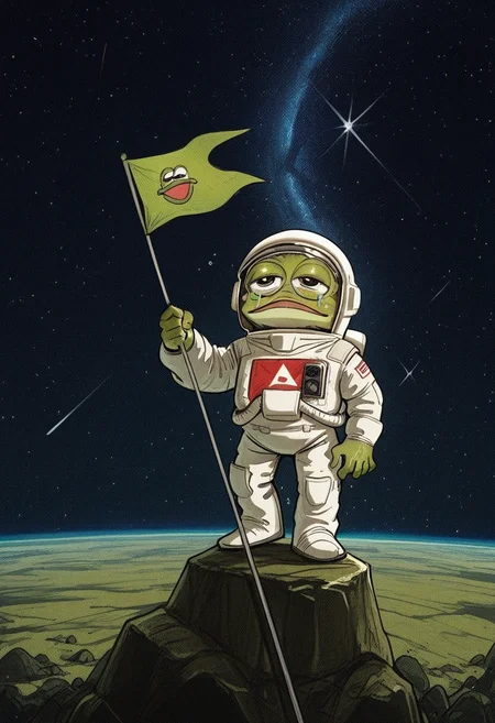 813nm0hstyle, masterpiece, best quality, solo, pepe the frog, space background, standing on the surface of the rock moon, holding a flag with the image of a frog, happy crying, green skin, astronaut helmet, astronaut suit,