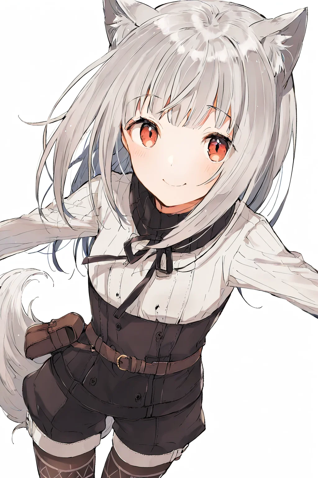 score_9, score_8_up, score_7_up, source_anime, best quality, masterpiece, 1girl, solo, myuri, animal ears, wolf ears, long hair, red eyes, tail, wolf girl, wolf tail, smile, grey hair, pantyhose, long sleeves, legwear under shorts, pouch, white background <lora:Myuri:1>