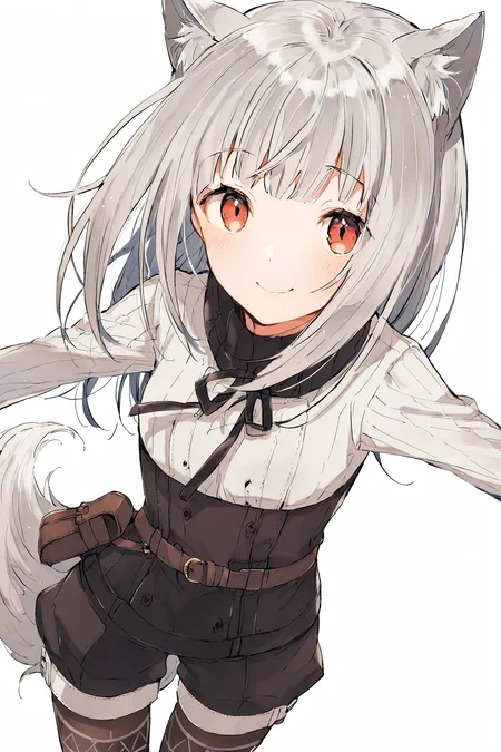 score_9, score_8_up, score_7_up, source_anime, best quality, masterpiece, 1girl, solo, myuri, animal ears, wolf ears, long hair, red eyes, tail, wolf girl, wolf tail, smile, grey hair, pantyhose, long sleeves, legwear under shorts, pouch, white background <lora:Myuri:1>
