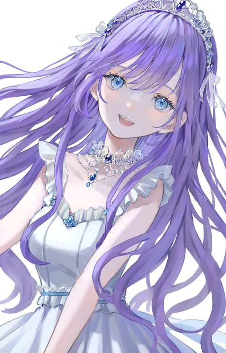 <lora:poireXLlokr4f:0.9>,masterpiece,best quality,blank background,1girl,purple hair,long hair,dress,blue eyes,smile,open mouth,solo,hair ornament,sky,teeth,tiara,close-up,