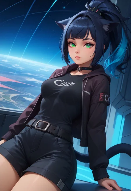 score_9, score_8_up, score_8, medium breasts, (curvy), cute, eyelashes, rating_safe,
BREAK,
patJessica, cat ears, ponytail, green eyes, multicolored hair, cat girl, blue hair, black hair, cat tail, long hair, patJessica, cat ears, ponytail, green eyes, multicolored hair, cat girl, blue hair, black hair, cat tail, long hair, choker, black jacket, belt, black shirt, black shorts, ,
BREAK,
dynamic angle, stars, floating, colorful, pink, blue eyes, black bow, from side, on back, spaceship, technological,
zPDXL,