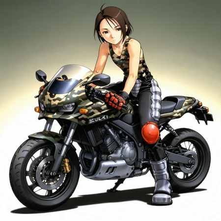 masterpiece, best quality, <lora:Akira_Kazama_Rival_Schools_-_IL:1>, kazama akira, 1girl, flat chest, tanktop, camouflage, biker pants, expressionless, solo, leaning against motorcycle, suzuki \(company\),