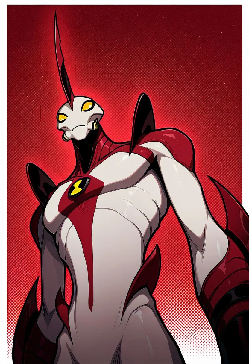 <lora:waybig-06:1> waybig, no humans, solo, alien, horn, single horn, yellow eyes, arm blade, masterpiece, best quality, amazing quality, very aesthetic, absurdres, newest,, ((upper body, halftone effect, white borders, abstract background:1.2,))
red background, giant, from below,