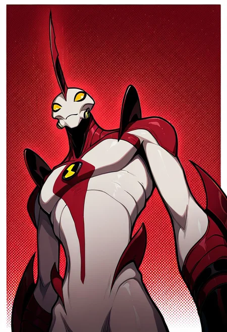 <lora:waybig-06:1> waybig, no humans, solo, alien, horn, single horn, yellow eyes, arm blade, masterpiece, best quality, amazing quality, very aesthetic, absurdres, newest,, ((upper body, halftone effect, white borders, abstract background:1.2,))
red background, giant, from below,