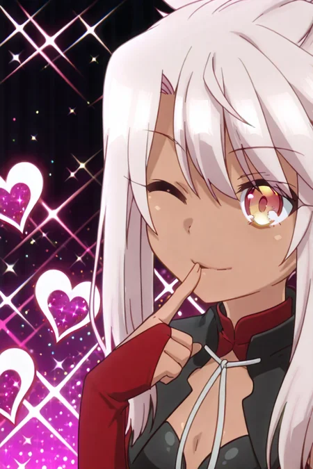 detailed background, shiny skin, posing,
heart, bloom, glitter, sparkle,
<lora:prisma.il:1>,
prisma,
chloe, archer,
upper body,
one eye closed, finger to mouth,