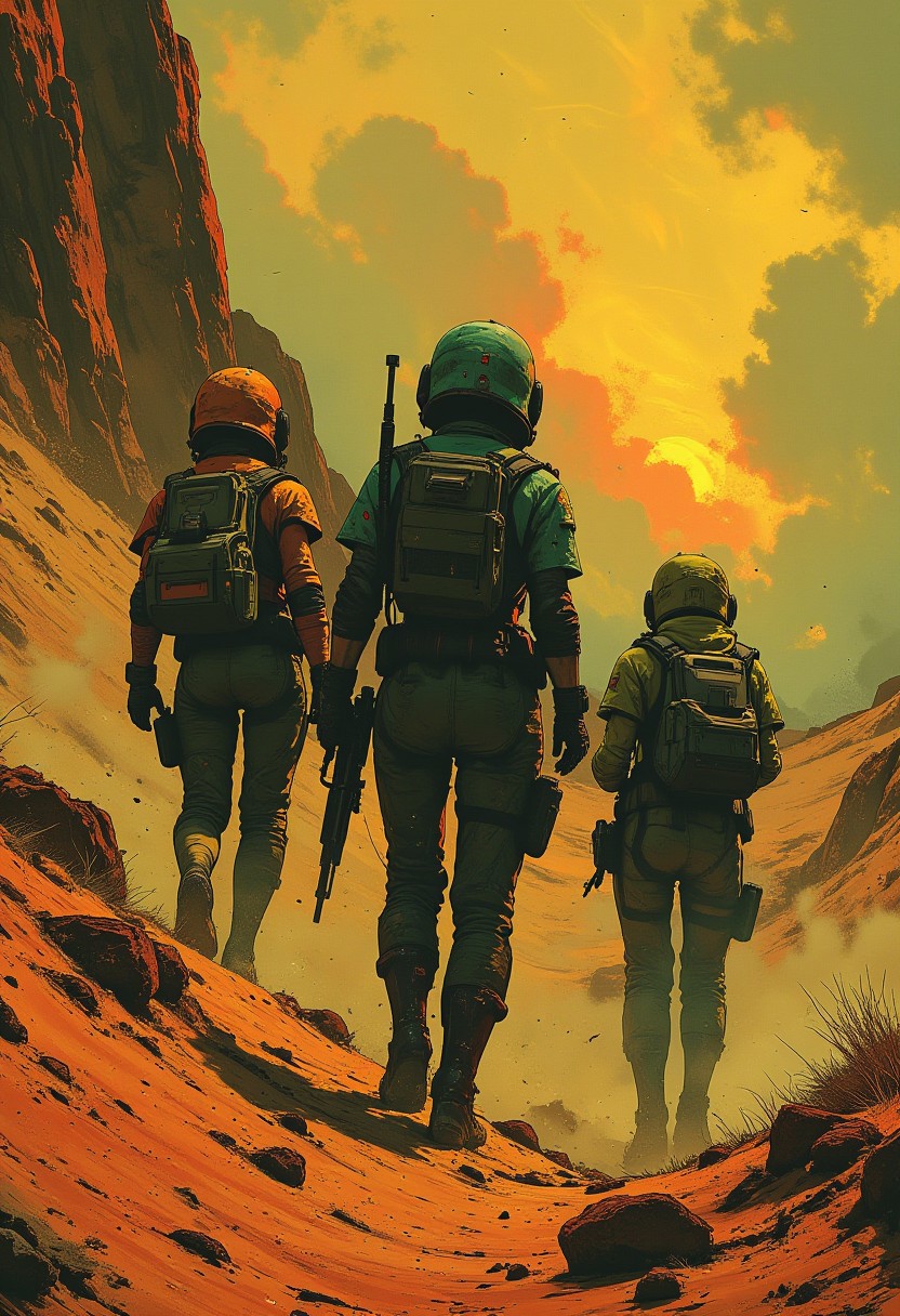 Stunning anime illustration of three female space marines in teal and orange power armour, holding assault rifles, walking up hill on dusty, arid planet at sunset, directional lighting from the last rays of the sun