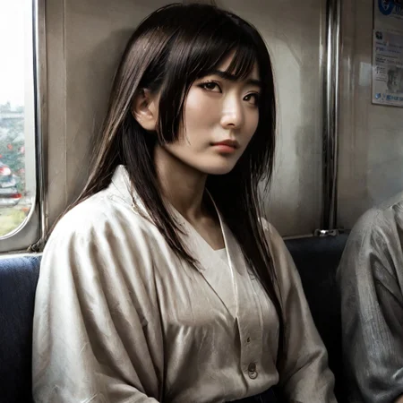 score_9, score_8_up, score_7_up, masterpiece, very high quality, japanese woman, asian face, 1 girl, high cheekbones, flat nose, very wide face, grey eyes, gray eyes, sitting, white shirt, jeans, epiCPhoto, legsonthetra1n, from front, sitting across from viewer, train interior, leg focus