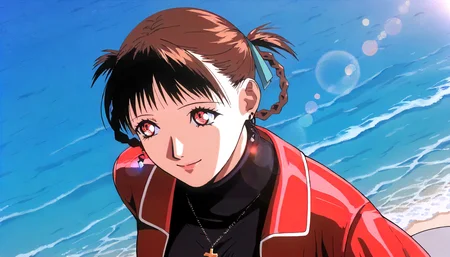 <lora:AKITE_SawaXLillustrious009>,
masterpiece,best quality,good quality,newest,
outdoors,detailed background,blue background,ocean,lens_flare,glitter,
smile,
solo,
AKITESawa,1girl,brown hair,hair ribbon,hair rings,red eyes,earrings,
breasts,
cross_necklace,
red leather jacket,turtleneck,black sweater,open jacket,
gray skirt,