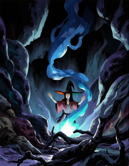 <lora:InkSketch_Flux:1>, <lora:Storybook-v2:1>, ink sketch, sbfte, a witch with glowing eyes in a dark rocky cavern casting a ritual spell