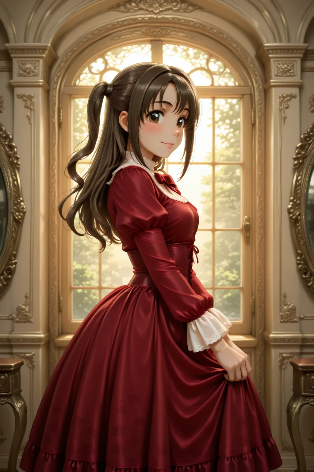 masterpiece, best quality, amazing quality, 1girl, solo, makeup, general, looking at viewer, blush, cowboy shot, smile, indoors, fancy, blush, lovely, from side, mansion, standing, dressing room, room, dressing, (looking at viewer), <lora:Shimamura_Uzuki_cinderella:1>, Shimamura_Uzuki_Cinderella, long hair, brown hair, brown eyes, one side up, half updo, breasts, <lora:Victorian_Whim_Velvet_Dress:1>, Victorian_Whim_Velvet_Dress, long dress, red dress, puffy long sleeves, juliet sleeves, frills, red bow, red ribbon, floral print, cross-laced clothes, corset, <lora:wai-2Rectified-V140:1>, <lora:illustrious_noobai_epsilon_pred_1_masterpieces_v1:1>