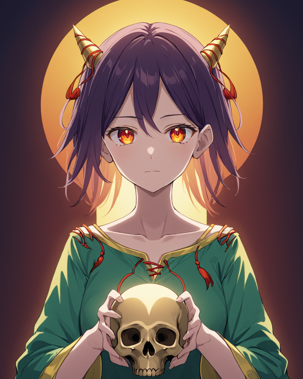 nippaku zanmu,solo, horns, closed_mouth, upper_body, looking_at_viewer, holding_skull, collarbone, simple_background, 1girl, long_sleeves, androgynous
<lora:nippaku_zanmu_image235_2023-12-20:1>,star-shaped_pupils,symbol-shaped_pupils,. gorgeous,key visual, vibrant, studio anime,award-winning, professional, highly detailed,high budget, cinemascope