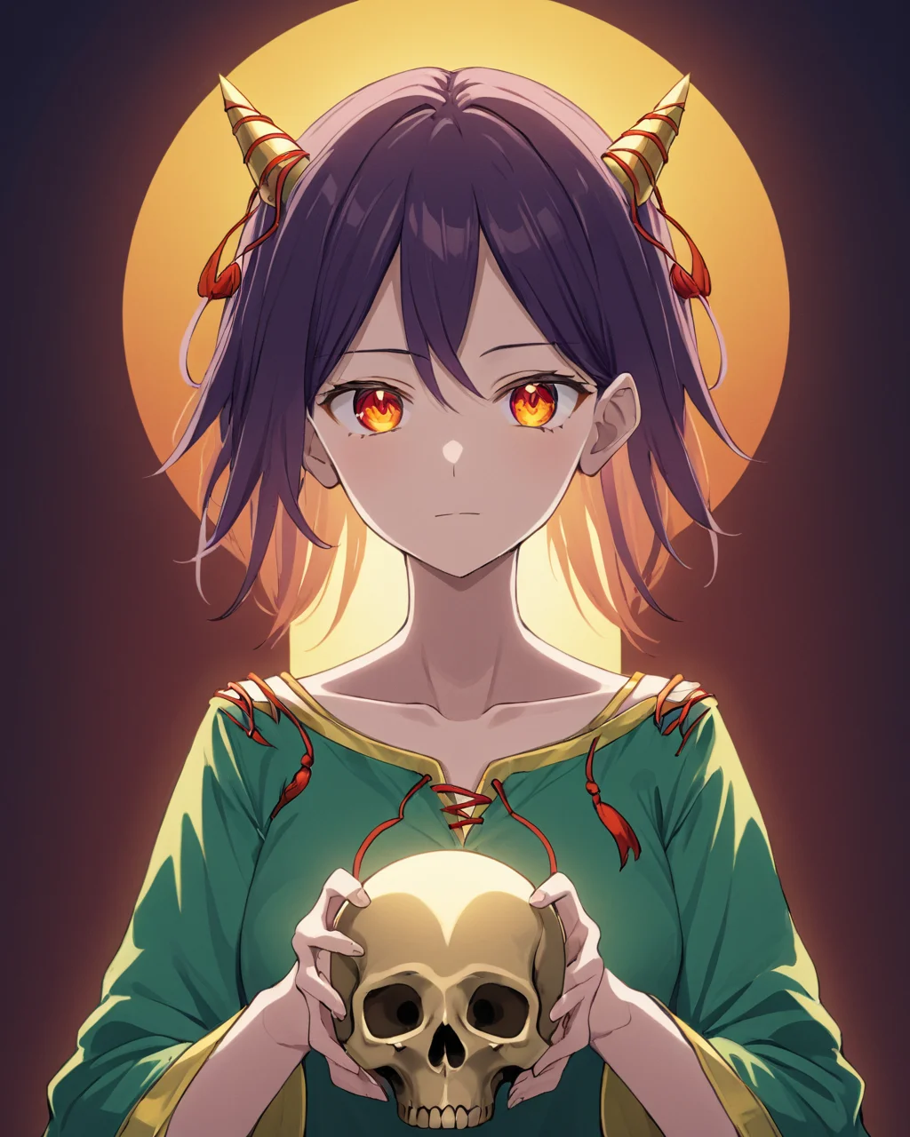 nippaku zanmu,solo, horns, closed_mouth, upper_body, looking_at_viewer, holding_skull, collarbone, simple_background, 1girl, long_sleeves, androgynous
<lora:nippaku_zanmu_image235_2023-12-20:1>,star-shaped_pupils,symbol-shaped_pupils,. gorgeous,key visual, vibrant, studio anime,award-winning, professional, highly detailed,high budget, cinemascope