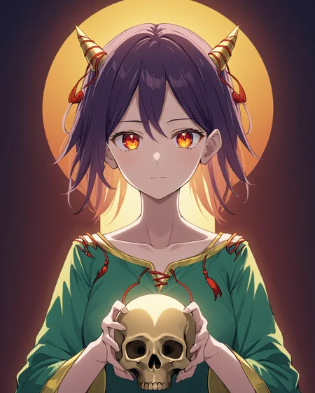 nippaku zanmu,solo, horns, closed_mouth, upper_body, looking_at_viewer, holding_skull, collarbone, simple_background, 1girl, long_sleeves, androgynous
<lora:nippaku_zanmu_image235_2023-12-20:1>,star-shaped_pupils,symbol-shaped_pupils,. gorgeous,key visual, vibrant, studio anime,award-winning, professional, highly detailed,high budget, cinemascope