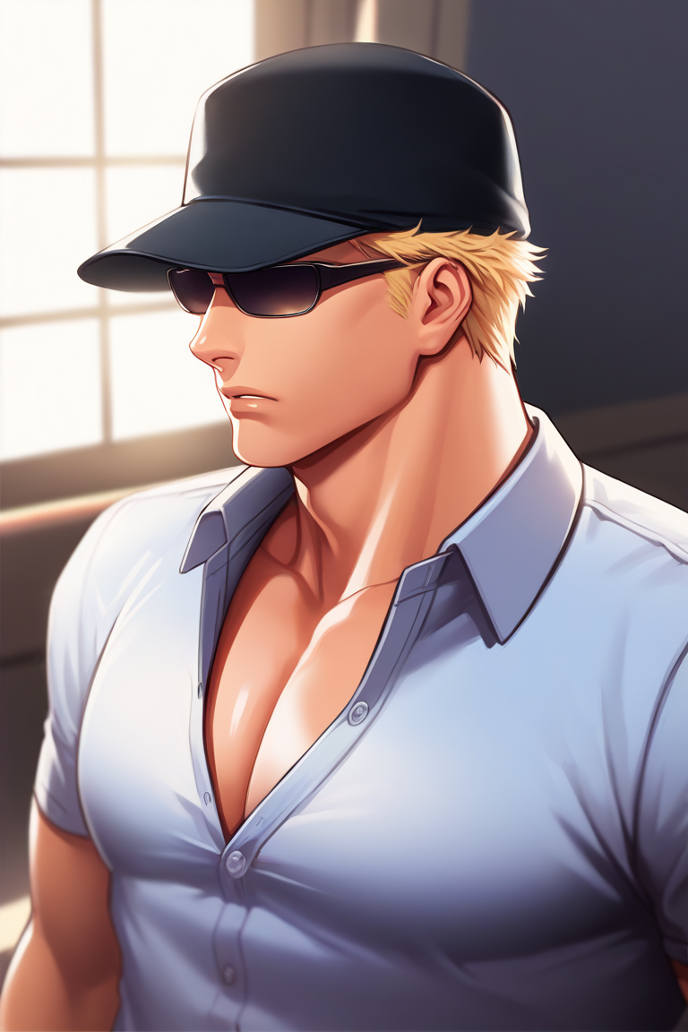 score_9, score_8_up, score_7_up, source_anime, rating_explicit, realistic shading, day, natural lighting, buttoning shirt, male focus, looking away, looking down, expressive face, stillkof, black_stillkof_hat, blonde_stillkof_short hair, black_stillkof_sunglasses, 1boy, serious, shiny skin, pectoral cleavage, shirt, indoors, window, from above, dutch angle, dynamic angle, intricately detailed illustration, depth of field, masterpiece, best quality, amazing quality, very aesthetic, absurdres, newest, anime screencap
