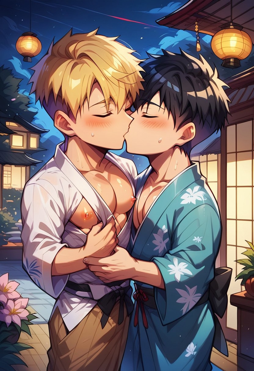 score_9, score_8_up, score_7_up, score_6_up, masterpiece, uncensored, best quality, amazing quality, best aesthetic, absurdres, intricate details, source_anime, yaoi, gay BREAK 2boys, 18 years old, blonde hair, black hair, pixie cut, red eyes, yellow eyes, pecs, nipples, kimono, revealing clothes BREAK kissing, closed eyes BREAK outdoors, Japanese festival, flower, lantern, night, heart, ch3b3sq4at