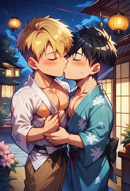 score_9, score_8_up, score_7_up, score_6_up, masterpiece, uncensored, best quality, amazing quality, best aesthetic, absurdres, intricate details, source_anime, yaoi, gay BREAK 2boys, 18 years old, blonde hair, black hair, pixie cut, red eyes, yellow eyes, pecs, nipples, kimono, revealing clothes BREAK kissing, closed eyes BREAK outdoors, Japanese festival, flower, lantern, night, heart, ch3b3sq4at