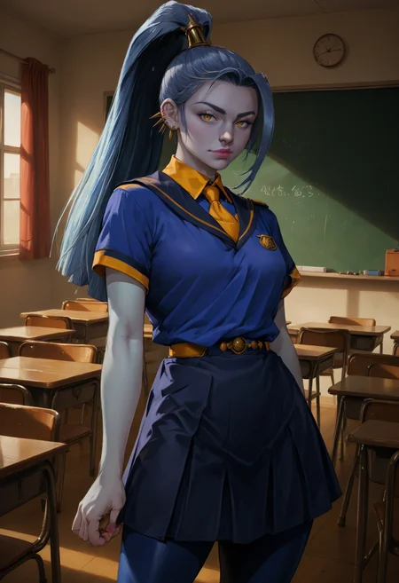 score_9, score_8_up, score_7_up,score_6_up, BREAK source_anime
, megaerahades, ,colored skin, ponytail, blue skin, , ear piercing, one wing,yellow eyes, <lora:megaeraPony:1.1>, collar, schoolgirl uniform,
in a classroom