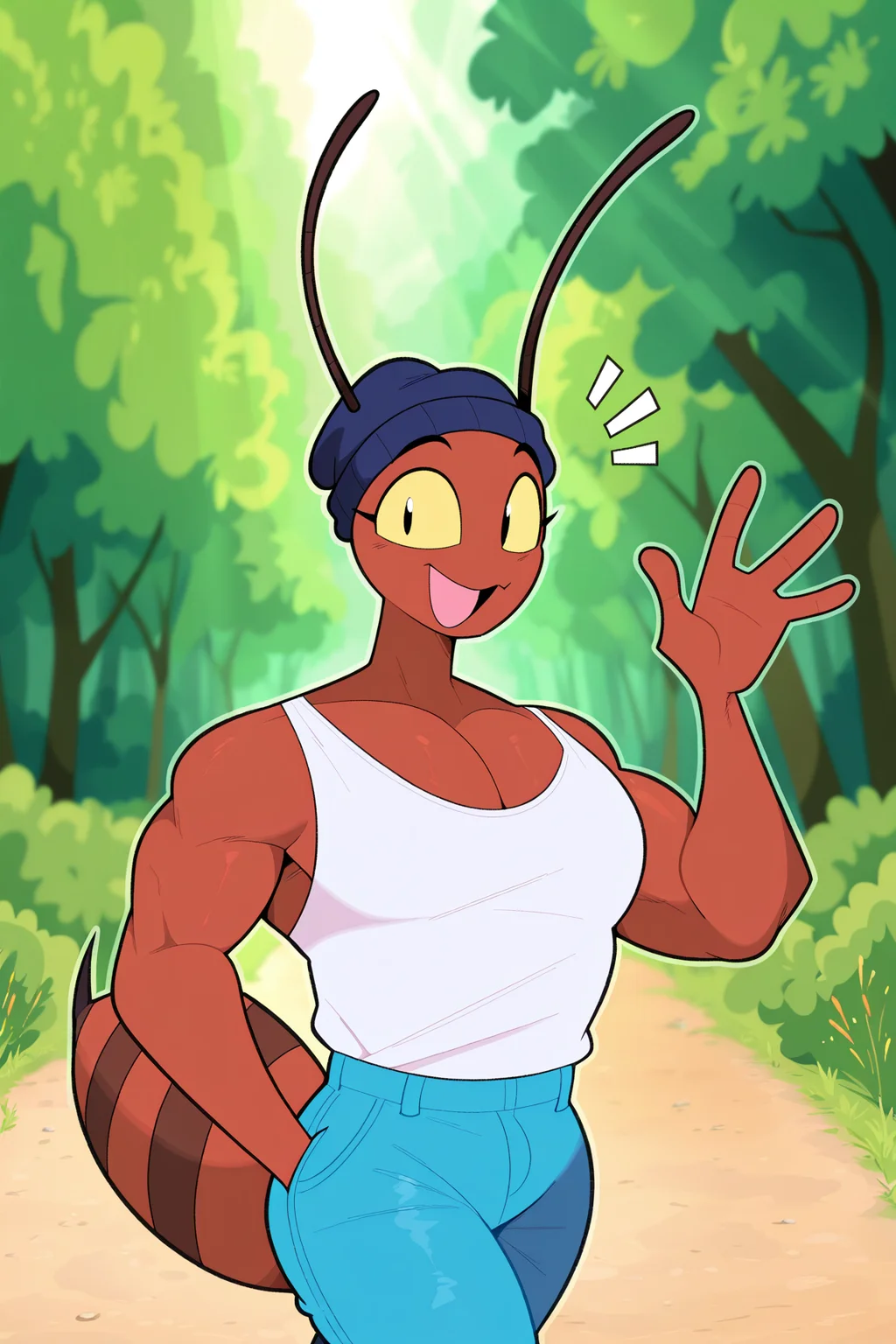 masterpiece, best quality, amazing quality, very aesthetic, high resolution, ultra-detailed, absurdres, newest, scenery, depth of field, scenery, volumetric lighting, by idolomantises, furry, furry male, anthro, ant, arthropod, hymenopteran, insect, tank top, white tank top, 1boy, solo, pants, beanie, nature, outdoors, open mouth, jeans, shirt, antennae, blue pants, denim, notice lines, cowboy shot, white shirt, walking, greeting, one hand raised, looking at viewer, smile, yellow sclera, black eyes, arthropod abdomen, bar emanata, furgonomics, waving, muscular male, biceps