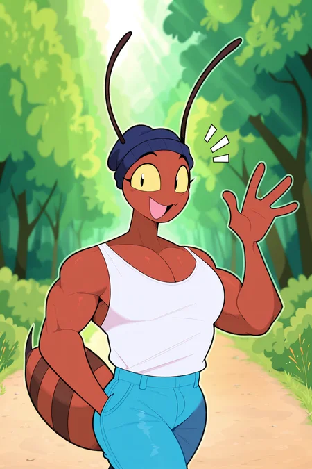 masterpiece, best quality, amazing quality, very aesthetic, high resolution, ultra-detailed, absurdres, newest, scenery, depth of field, scenery, volumetric lighting, by idolomantises, furry, furry male, anthro, ant, arthropod, hymenopteran, insect, tank top, white tank top, 1boy, solo, pants, beanie, nature, outdoors, open mouth, jeans, shirt, antennae, blue pants, denim, notice lines, cowboy shot, white shirt, walking, greeting, one hand raised, looking at viewer, smile, yellow sclera, black eyes, arthropod abdomen, bar emanata, furgonomics, waving, muscular male, biceps